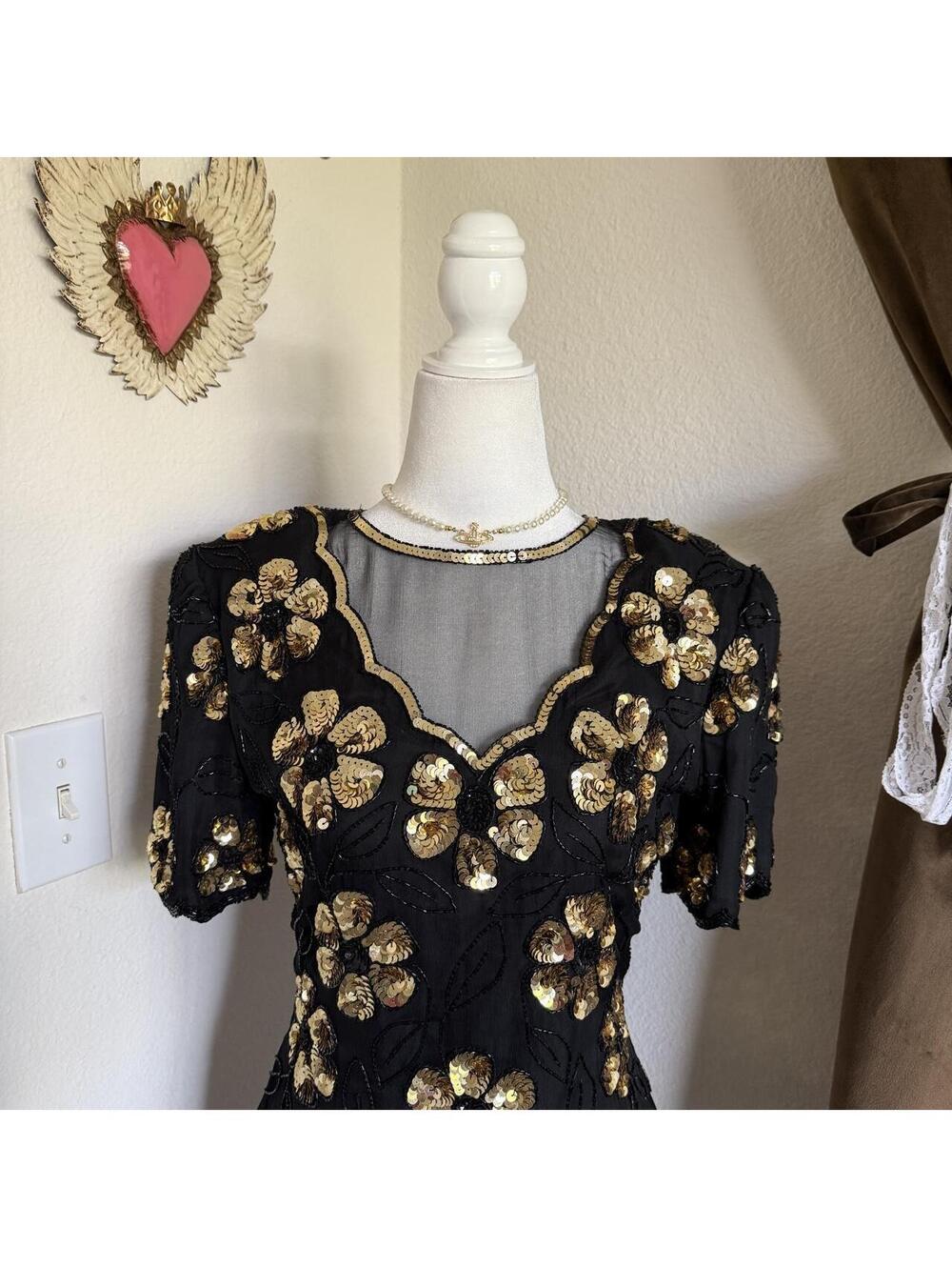 Vintage 1980s Stenay Black Gold Silk Sequin Beaded Floral Blouse Women's Small - Picture 3 of 6